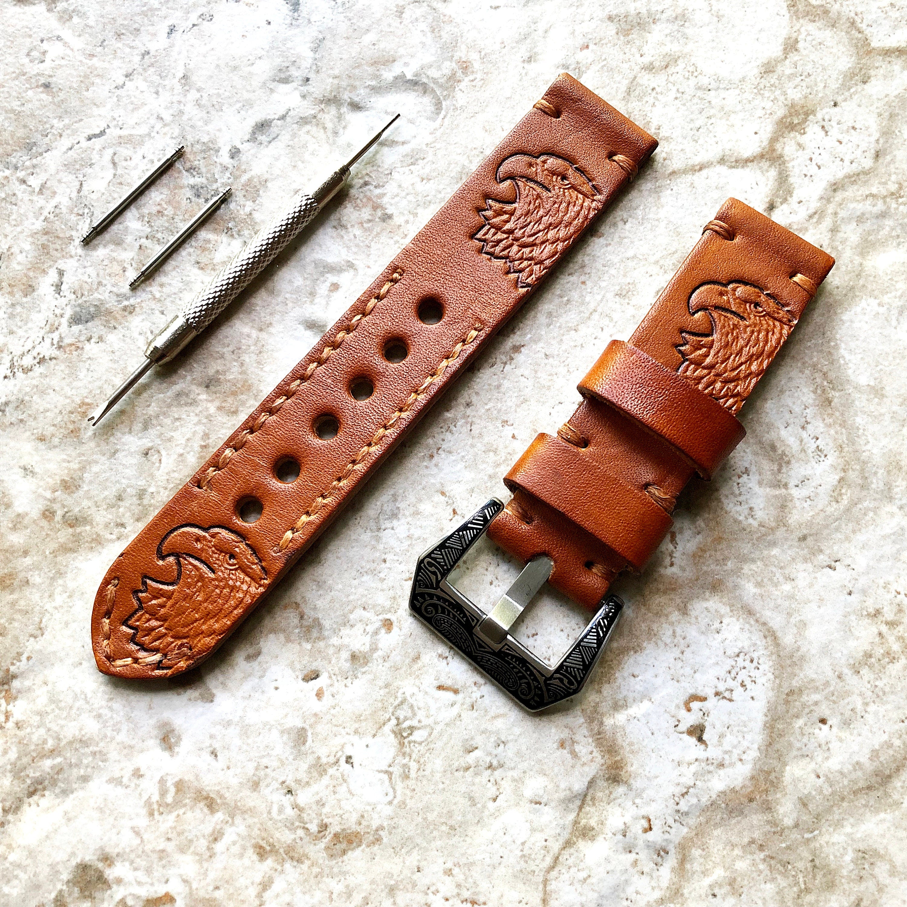 Eagle Head Band 22mm 24mm 25mm Handmade Medium Brown Genuine Leather Tooled Embossed Strap Bracelet Kit for Watches - Pins Buckle Tool
